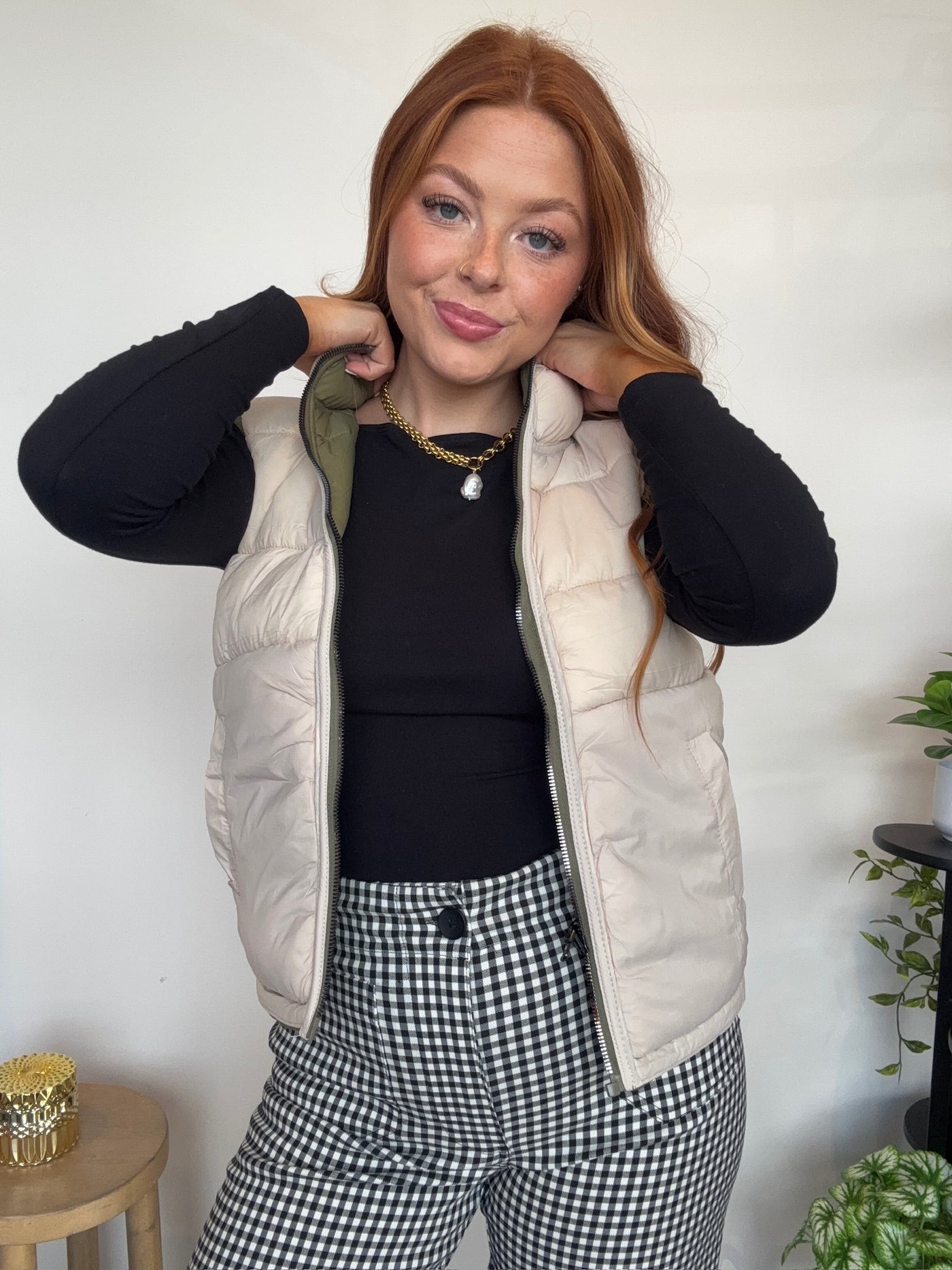 Reversible Puffer Vest- Green/Cream