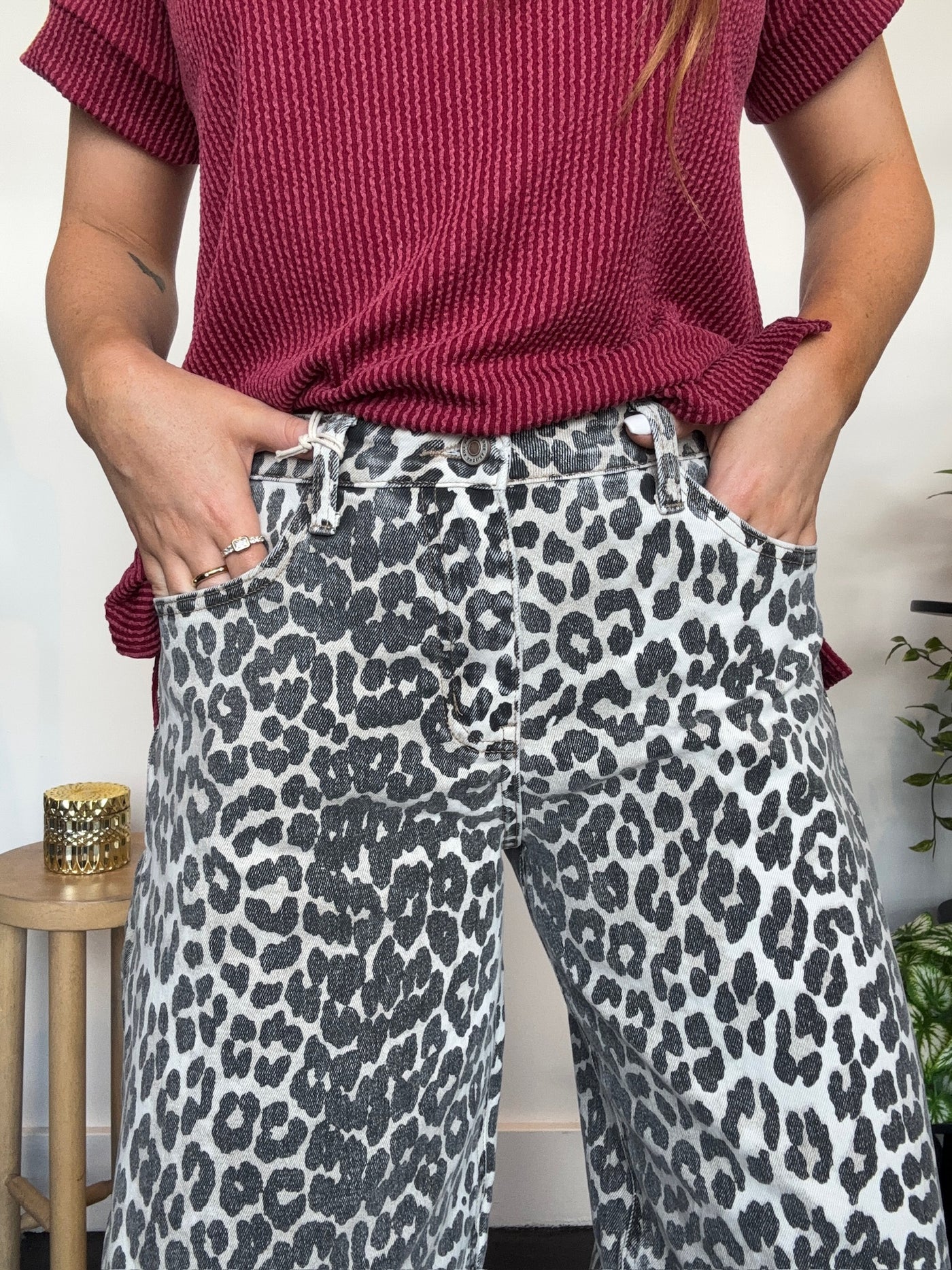 High Rise Leopard Barrel Denim