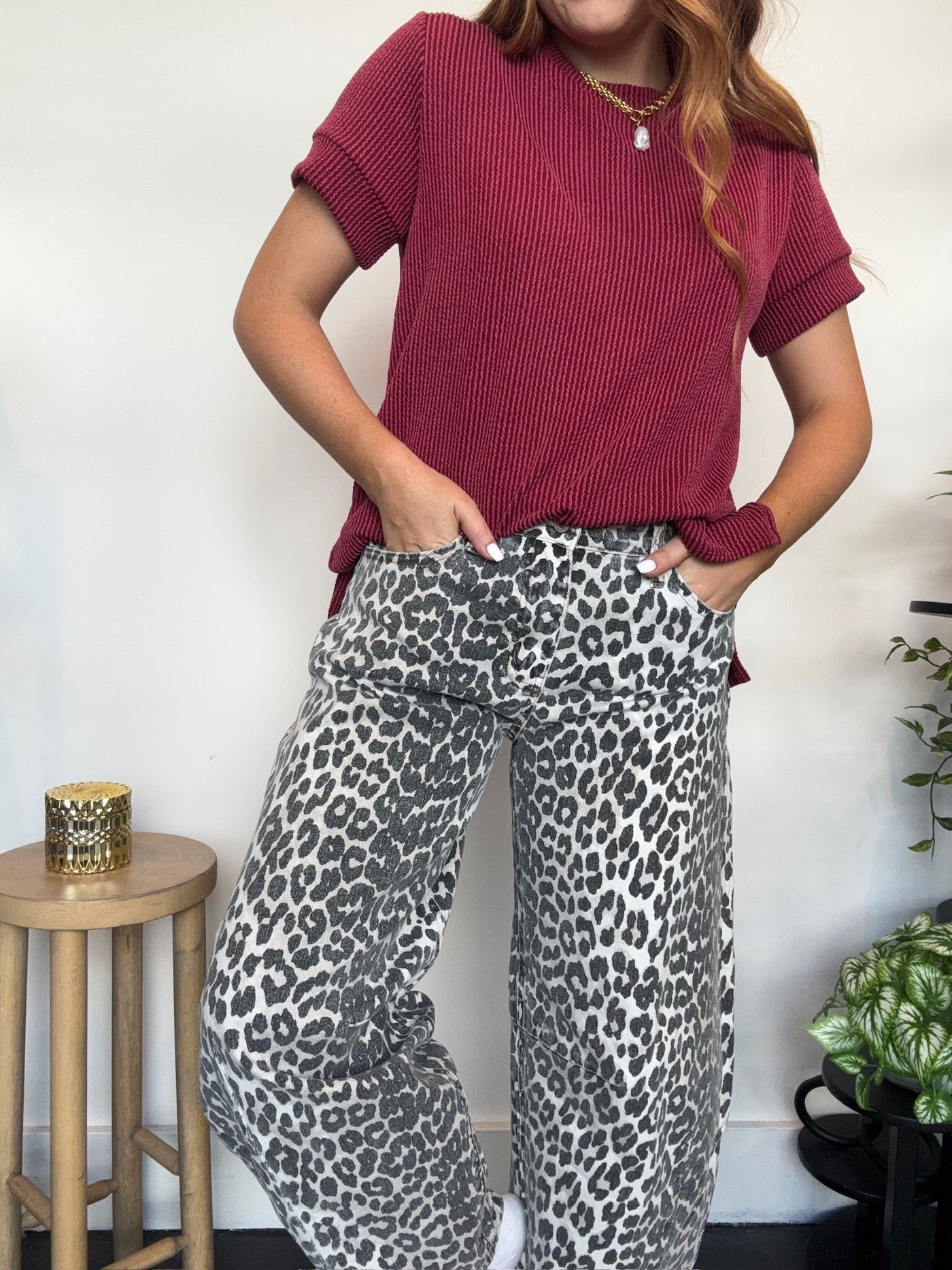 High Rise Leopard Barrel Denim