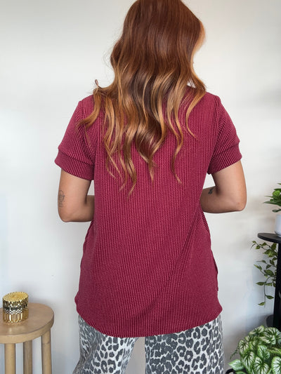 Urban Ribbed Knit Tee- Cranberry