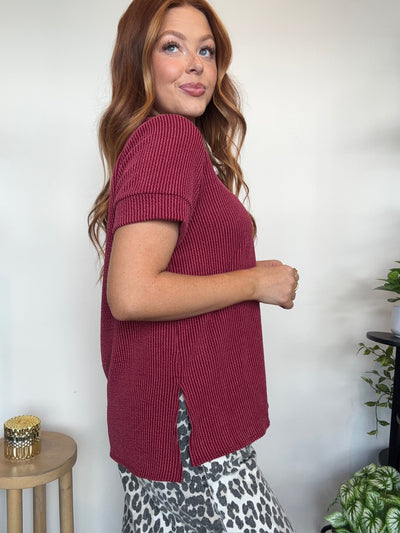 Urban Ribbed Knit Tee- Cranberry