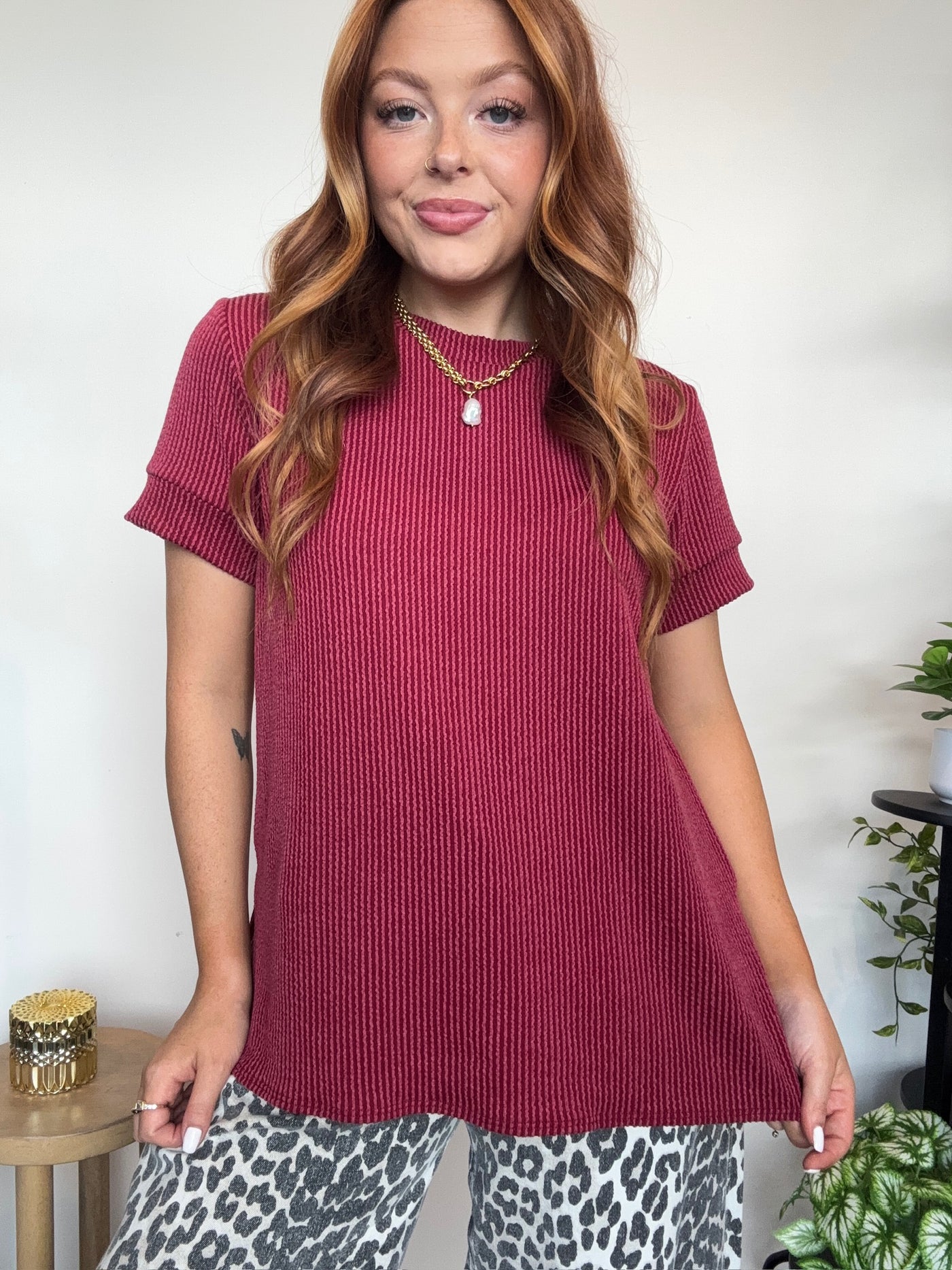 Urban Ribbed Knit Tee- Cranberry