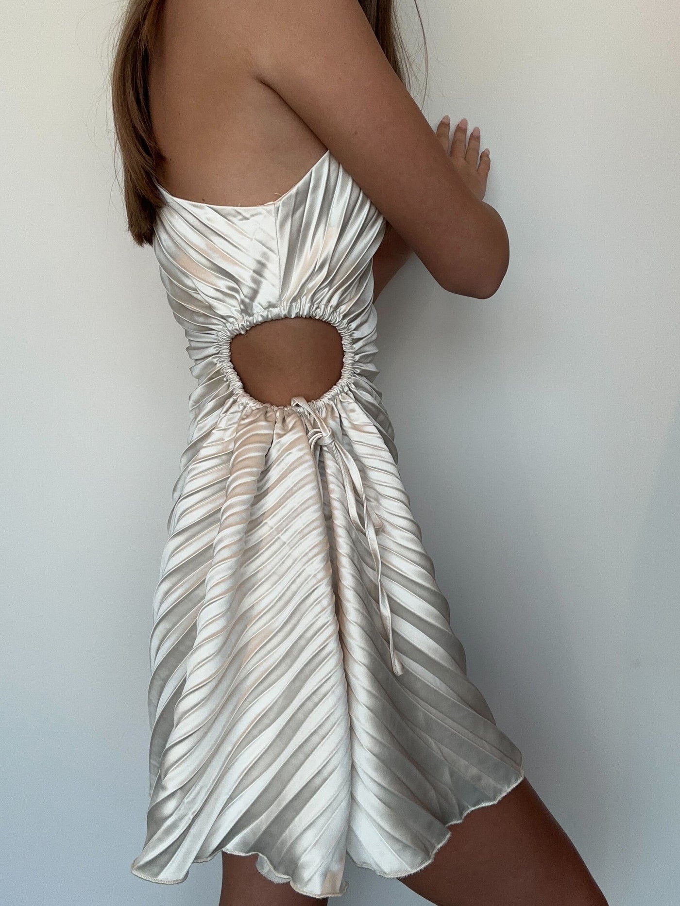 Pleated Satin One Shoulder Dress- Cream-170 - DRESSES / ROMPERS / SETS-LENA-[option4]-[option5]-[option6]-Leather & Lace Boutique Shop