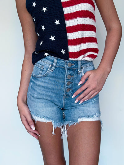 High Rise Button Fly Denim Shorts- Light Wash-RISEN-[option4]-[option5]-[option6]-Leather & Lace Boutique Shop