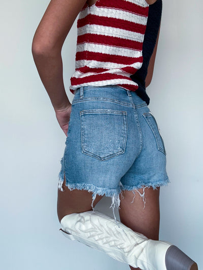 High Rise Button Fly Denim Shorts- Light Wash-RISEN-[option4]-[option5]-[option6]-Leather & Lace Boutique Shop