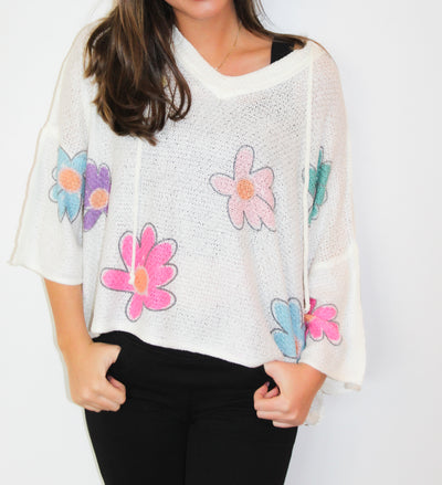 Flower Graphic Cropped Pullover-130 - TOPS - SWEATERS/SWEATSHIRTS-POL-[option4]-[option5]-[option6]-Leather & Lace Boutique Shop