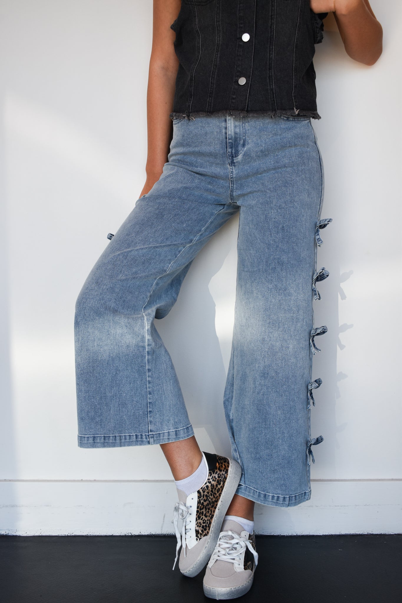Bow Detail Wide Leg Denim- Medium Wash-150 - BOTTOMS - DENIM-ENTRO-[option4]-[option5]-[option6]-Leather & Lace Boutique Shop