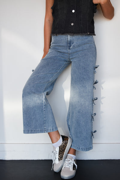 Bow Detail Wide Leg Denim- Medium Wash-150 - BOTTOMS - DENIM-ENTRO-[option4]-[option5]-[option6]-Leather & Lace Boutique Shop