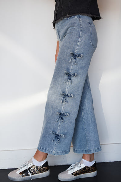 Bow Detail Wide Leg Denim- Medium Wash-150 - BOTTOMS - DENIM-ENTRO-[option4]-[option5]-[option6]-Leather & Lace Boutique Shop