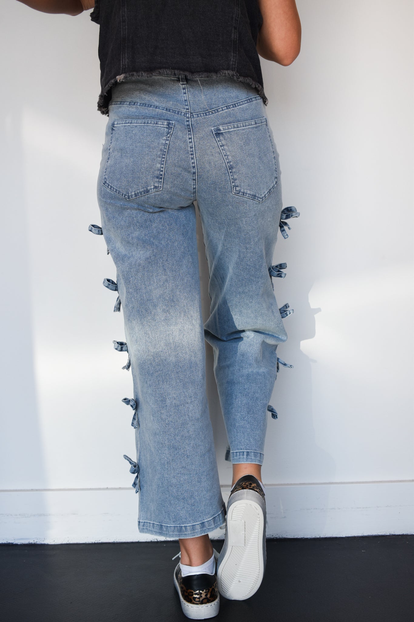 Bow Detail Wide Leg Denim- Medium Wash-150 - BOTTOMS - DENIM-ENTRO-[option4]-[option5]-[option6]-Leather & Lace Boutique Shop