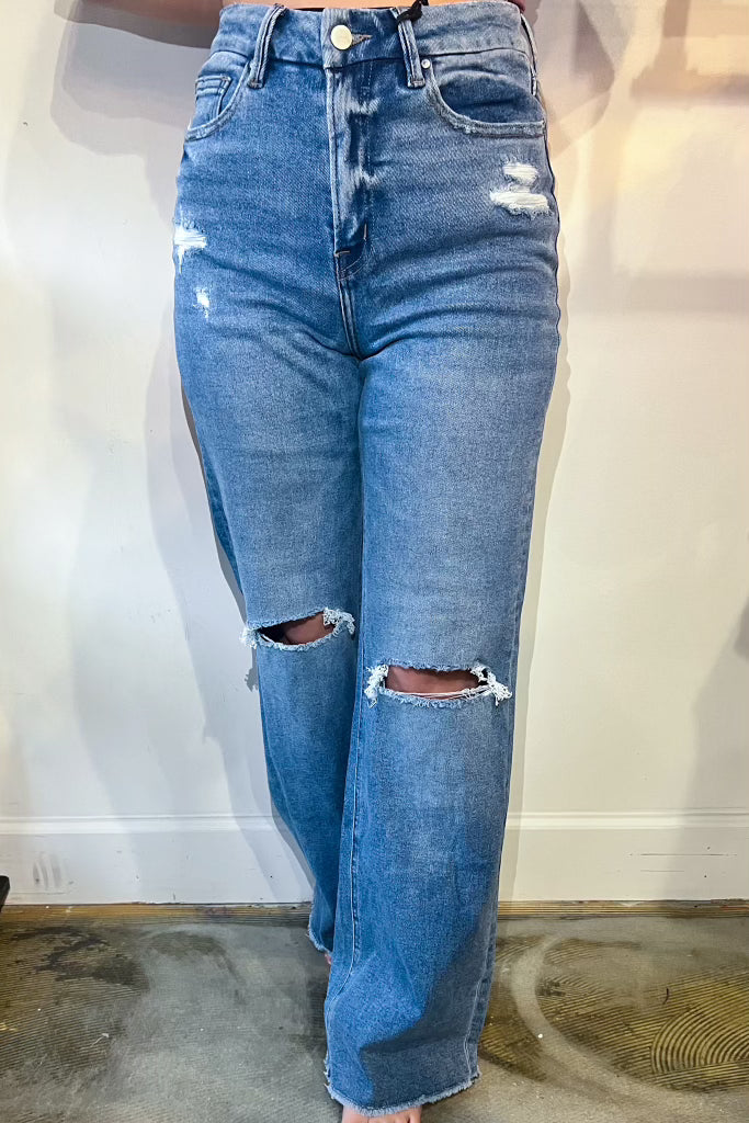 Becca Wide Leg Distressed Denim-150 - BOTTOMS - DENIM-MICA DENIM-[option4]-[option5]-[option6]-Leather & Lace Boutique Shop