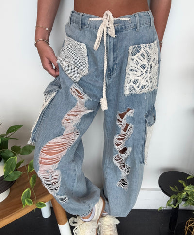 Distressed Boho Denim Joggers-150 - BOTTOMS - DENIM-POL-[option4]-[option5]-[option6]-Leather & Lace Boutique Shop