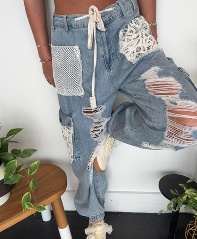 Distressed Boho Denim Joggers-150 - BOTTOMS - DENIM-POL-[option4]-[option5]-[option6]-Leather & Lace Boutique Shop