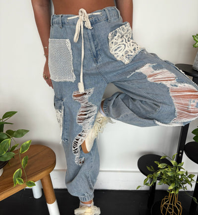 Distressed Boho Denim Joggers-150 - BOTTOMS - DENIM-POL-[option4]-[option5]-[option6]-Leather & Lace Boutique Shop