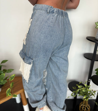 Distressed Boho Denim Joggers-150 - BOTTOMS - DENIM-POL-[option4]-[option5]-[option6]-Leather & Lace Boutique Shop