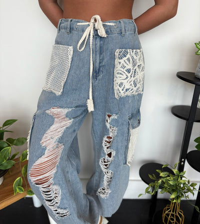 Distressed Boho Denim Joggers-150 - BOTTOMS - DENIM-POL-[option4]-[option5]-[option6]-Leather & Lace Boutique Shop