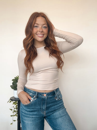 Boat Neck Long Sleeve Top- Cream-110 - TOPS - LONG SLEEVE-EDGEMINE-[option4]-[option5]-[option6]-Leather & Lace Boutique Shop
