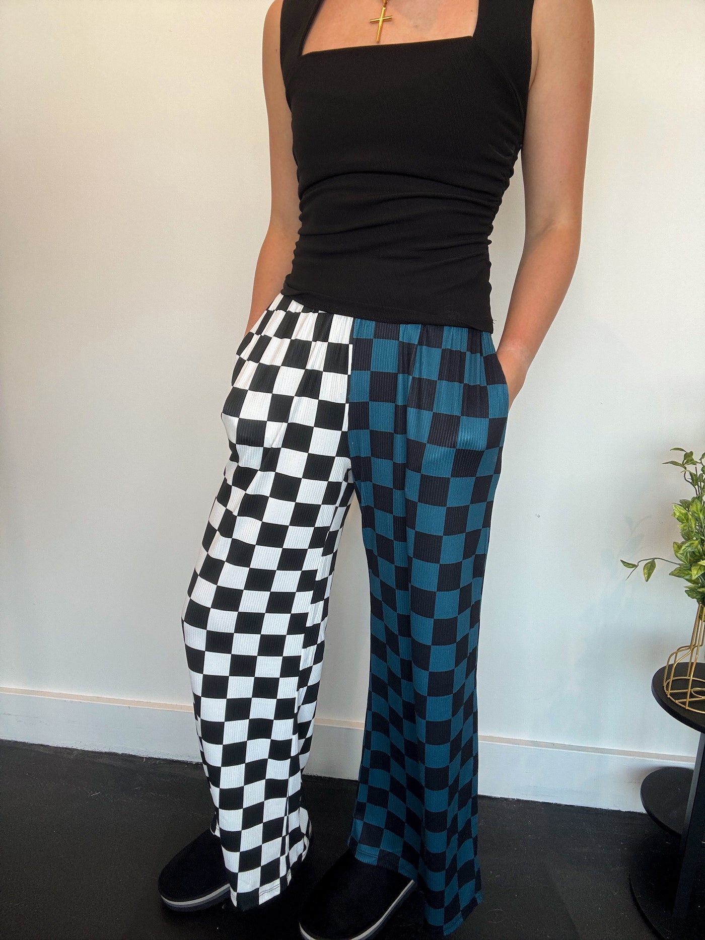 Split Decision Checkered Pants- Blue/White-160 - BOTTOMS - OTHER-JADE BY JANE-[option4]-[option5]-[option6]-Leather & Lace Boutique Shop