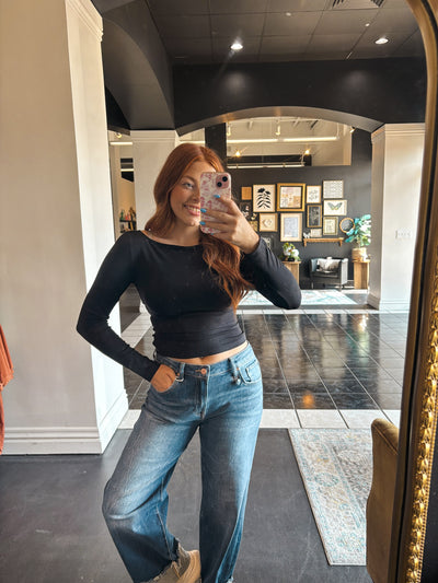 Boat Neck Long Sleeve Top- Black-110 - TOPS - LONG SLEEVE-EDGEMINE-[option4]-[option5]-[option6]-Leather & Lace Boutique Shop