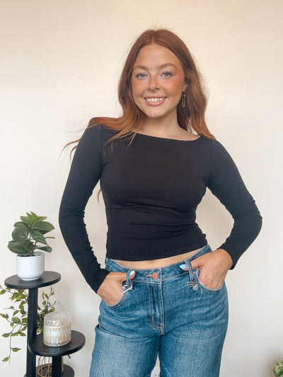 Boat Neck Long Sleeve Top- Black-110 - TOPS - LONG SLEEVE-EDGEMINE-[option4]-[option5]-[option6]-Leather & Lace Boutique Shop
