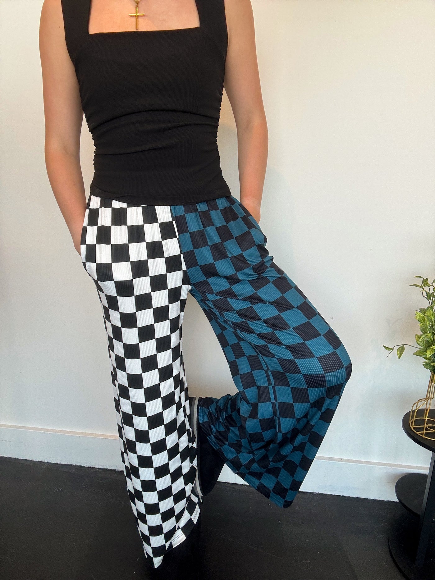 Split Decision Checkered Pants- Blue/White-160 - BOTTOMS - OTHER-JADE BY JANE-[option4]-[option5]-[option6]-Leather & Lace Boutique Shop