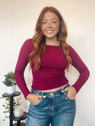 Boat Neck Long Sleeve Top- Wine-110 - TOPS - LONG SLEEVE-EDGEMINE-[option4]-[option5]-[option6]-Leather & Lace Boutique Shop
