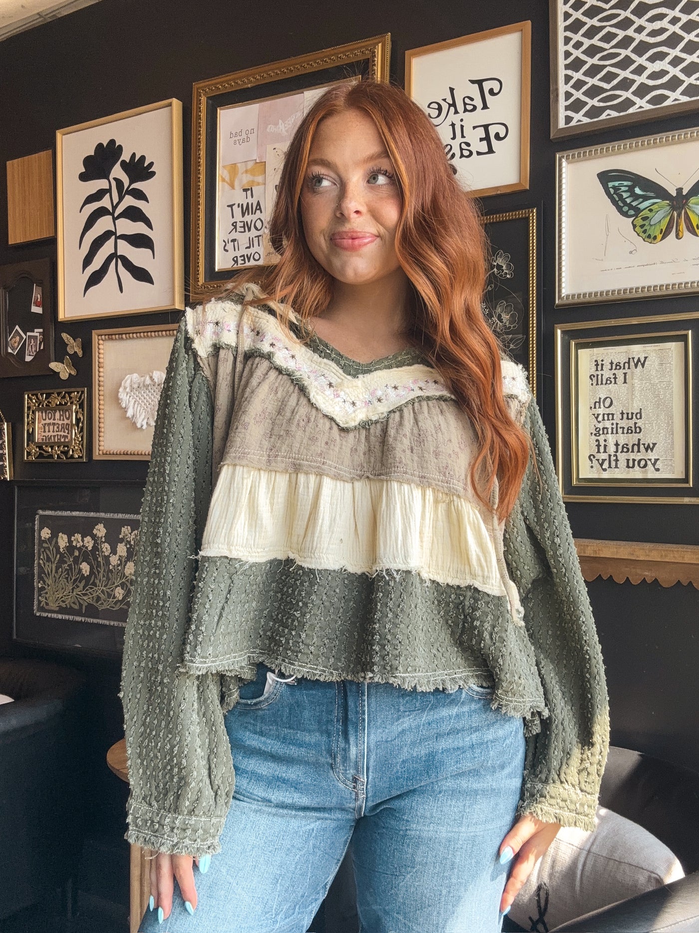 Boho Color Block Flowy Blouse-110 - TOPS - LONG SLEEVE-POL-[option4]-[option5]-[option6]-Leather & Lace Boutique Shop