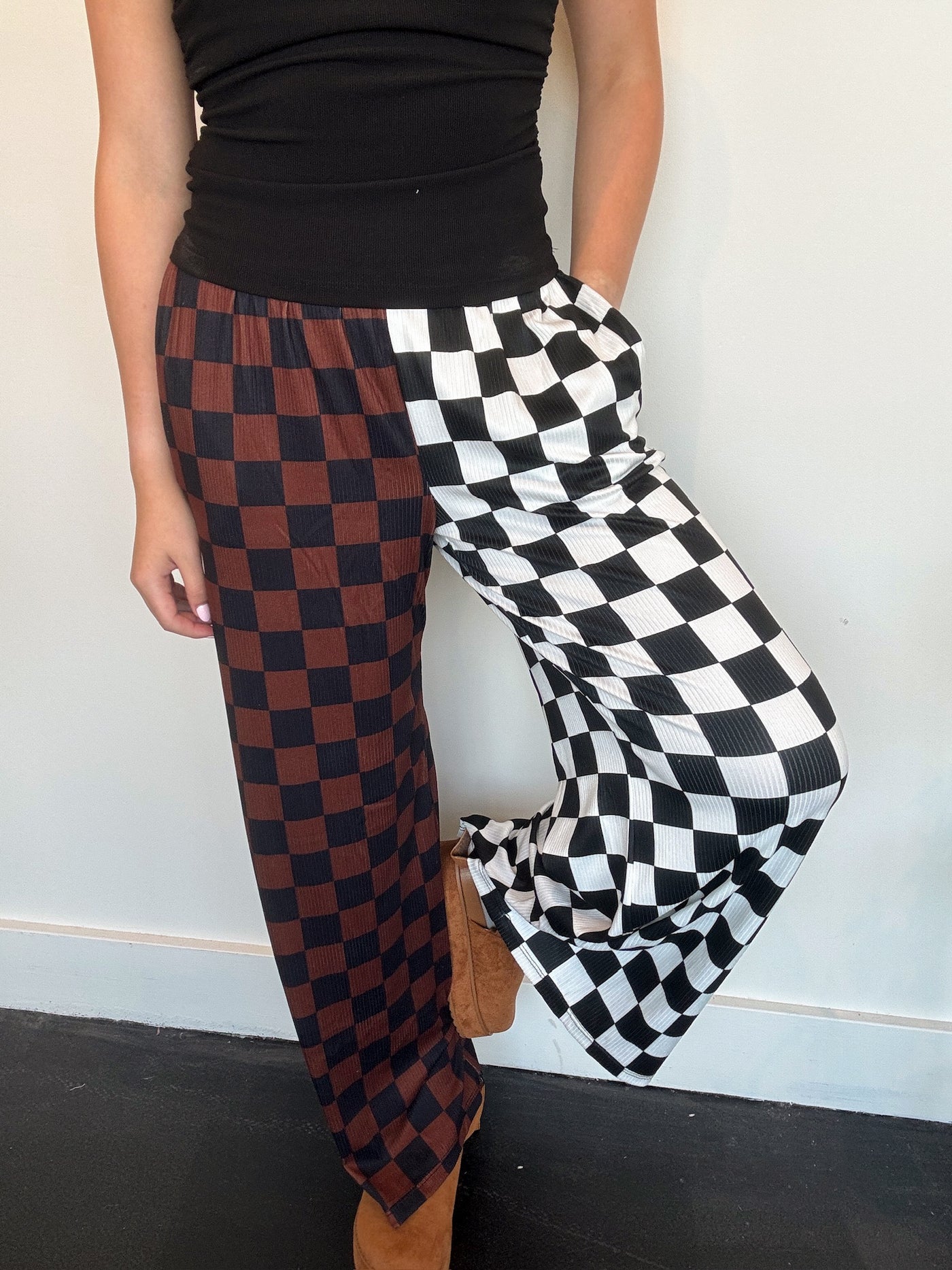 Split Decision Checkered Pants- Rust/White-160 - BOTTOMS - OTHER-JADE BY JANE-[option4]-[option5]-[option6]-Leather & Lace Boutique Shop