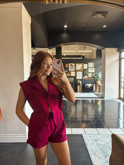 Bright & Bold Collared Romper- Maroon