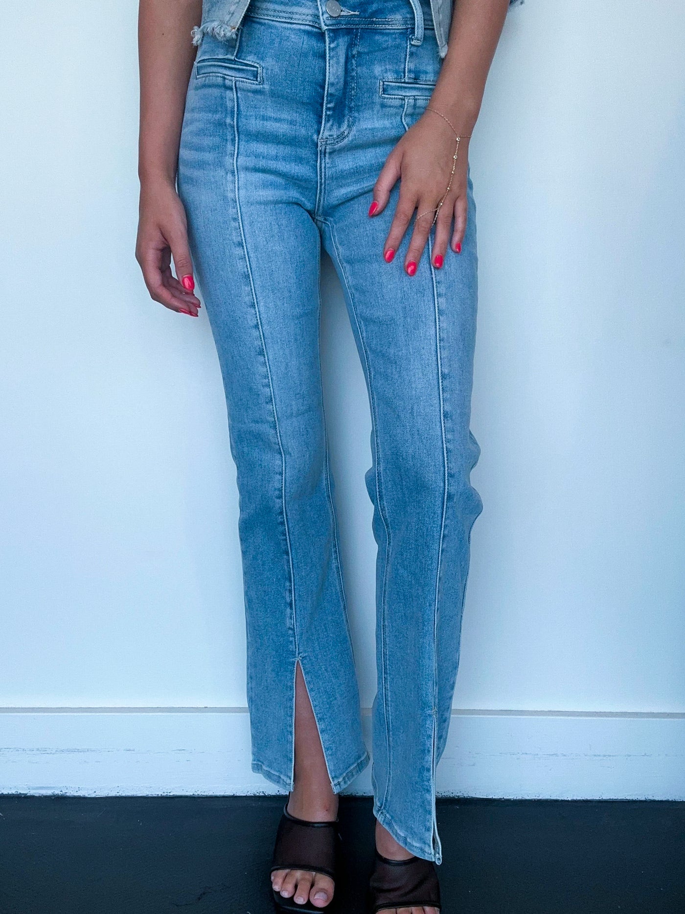 Front Seam Ankle Slit Denim-150 - BOTTOMS - DENIM-RISEN-[option4]-[option5]-[option6]-Leather & Lace Boutique Shop