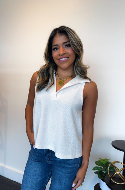 Collared Cloudy Knit Tank- White-100 - TOPS - SHORT SLEEVE/SLEEVELESS-TRES BIEN-[option4]-[option5]-[option6]-Leather & Lace Boutique Shop