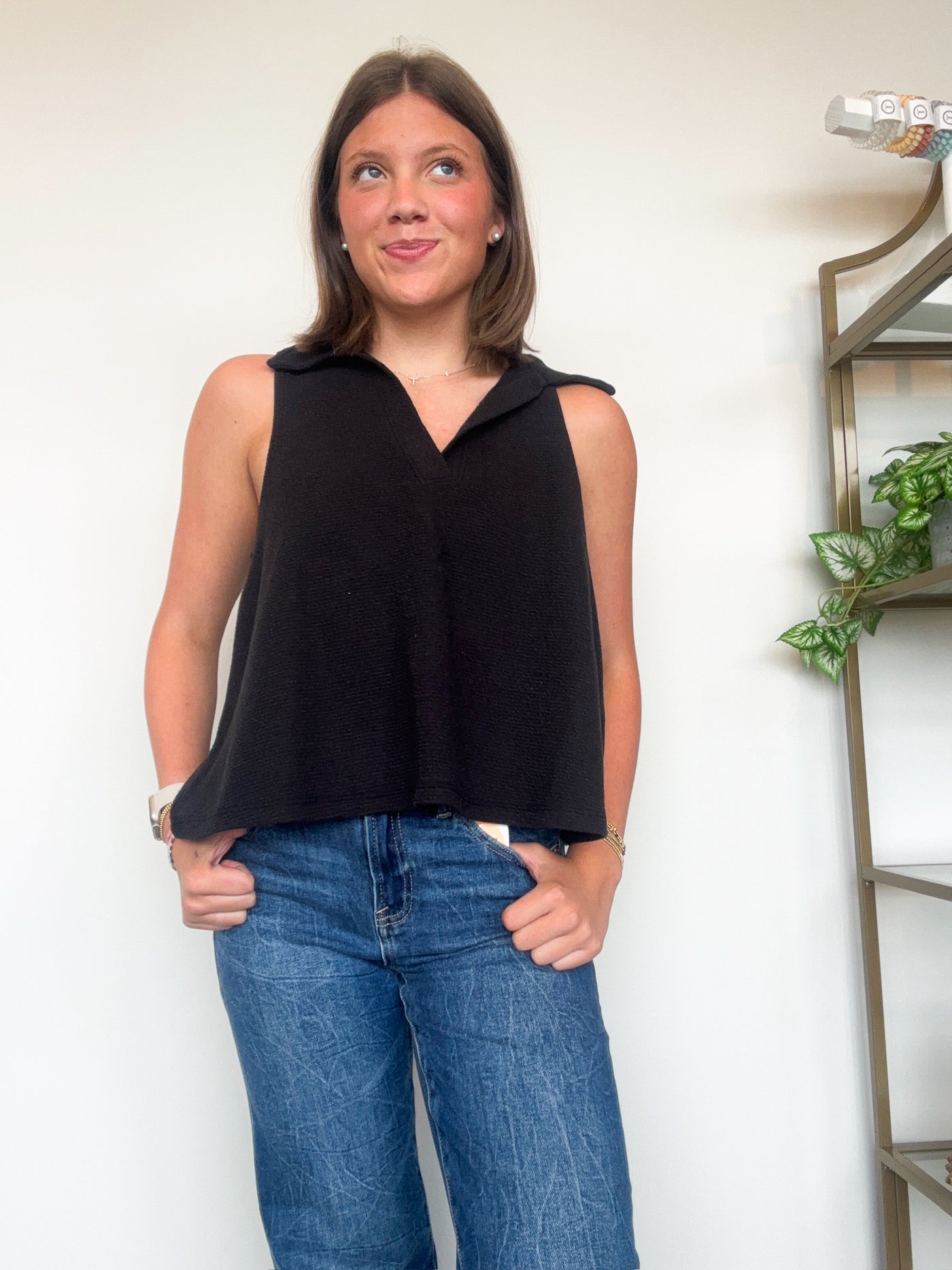 Collared Cloudy Knit Tank- Black-100 - TOPS - SHORT SLEEVE/SLEEVELESS-TRES BIEN-[option4]-[option5]-[option6]-Leather & Lace Boutique Shop