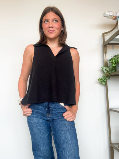 Collared Cloudy Knit Tank- Black-100 - TOPS - SHORT SLEEVE/SLEEVELESS-TRES BIEN-[option4]-[option5]-[option6]-Leather & Lace Boutique Shop