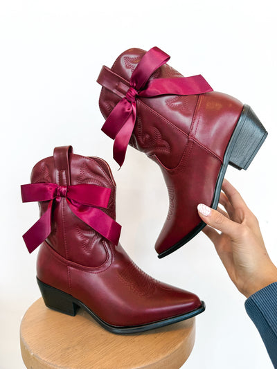 Willa Satin Bow Booties- Wine