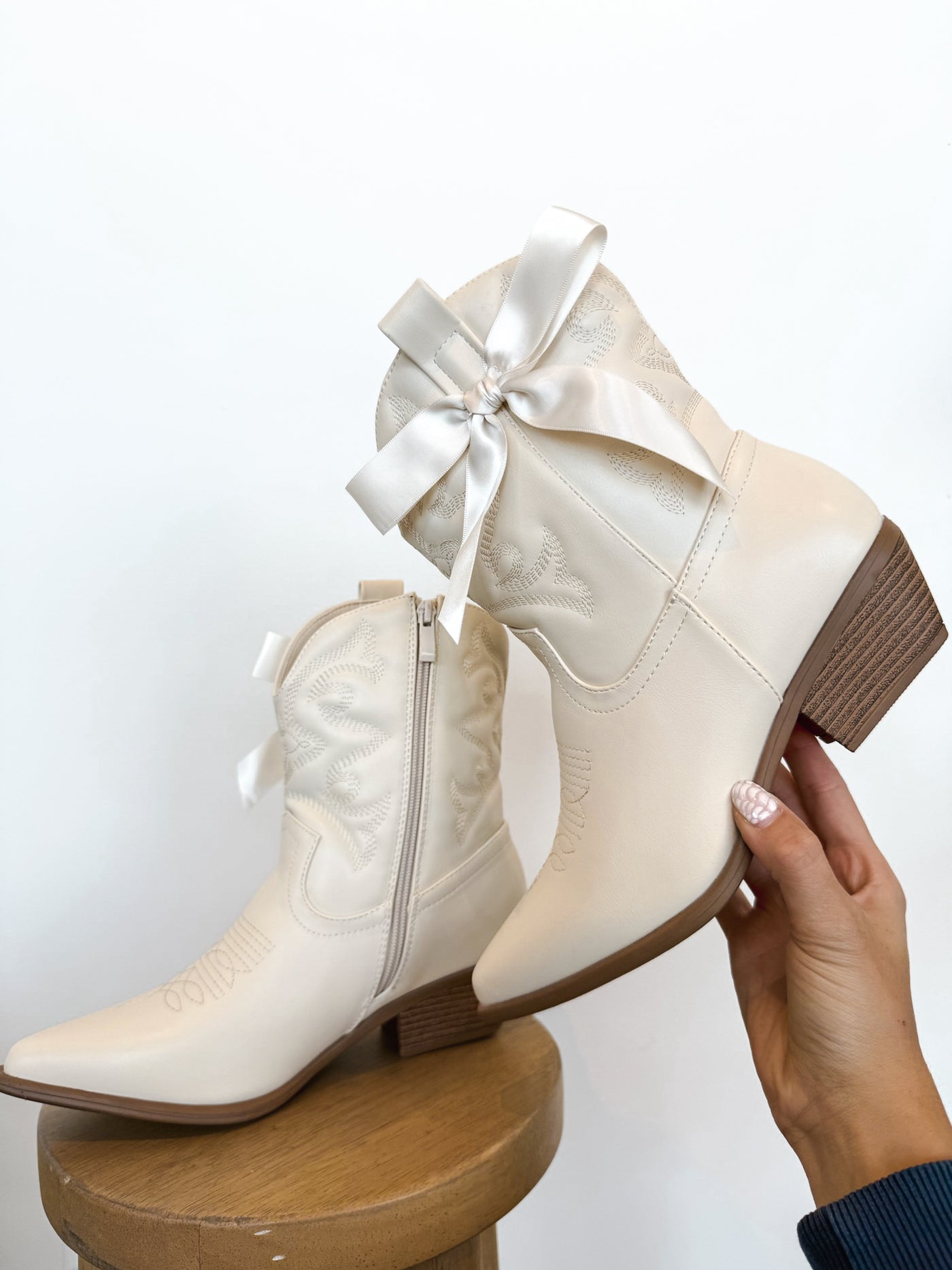 Willa Satin Bow Booties- Ivory