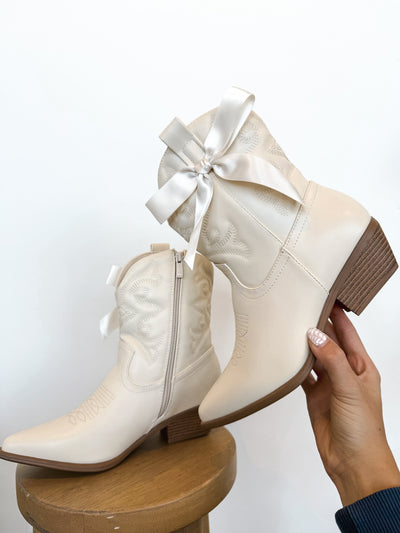 Willa Satin Bow Booties- Ivory
