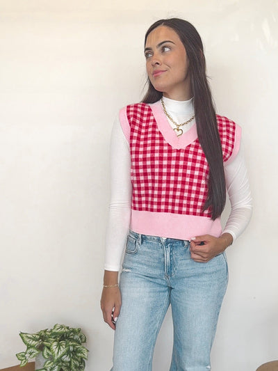 Plaid V-Neck Sleeveless Sweater