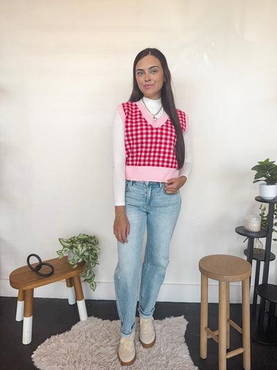 Plaid V-Neck Sleeveless Sweater