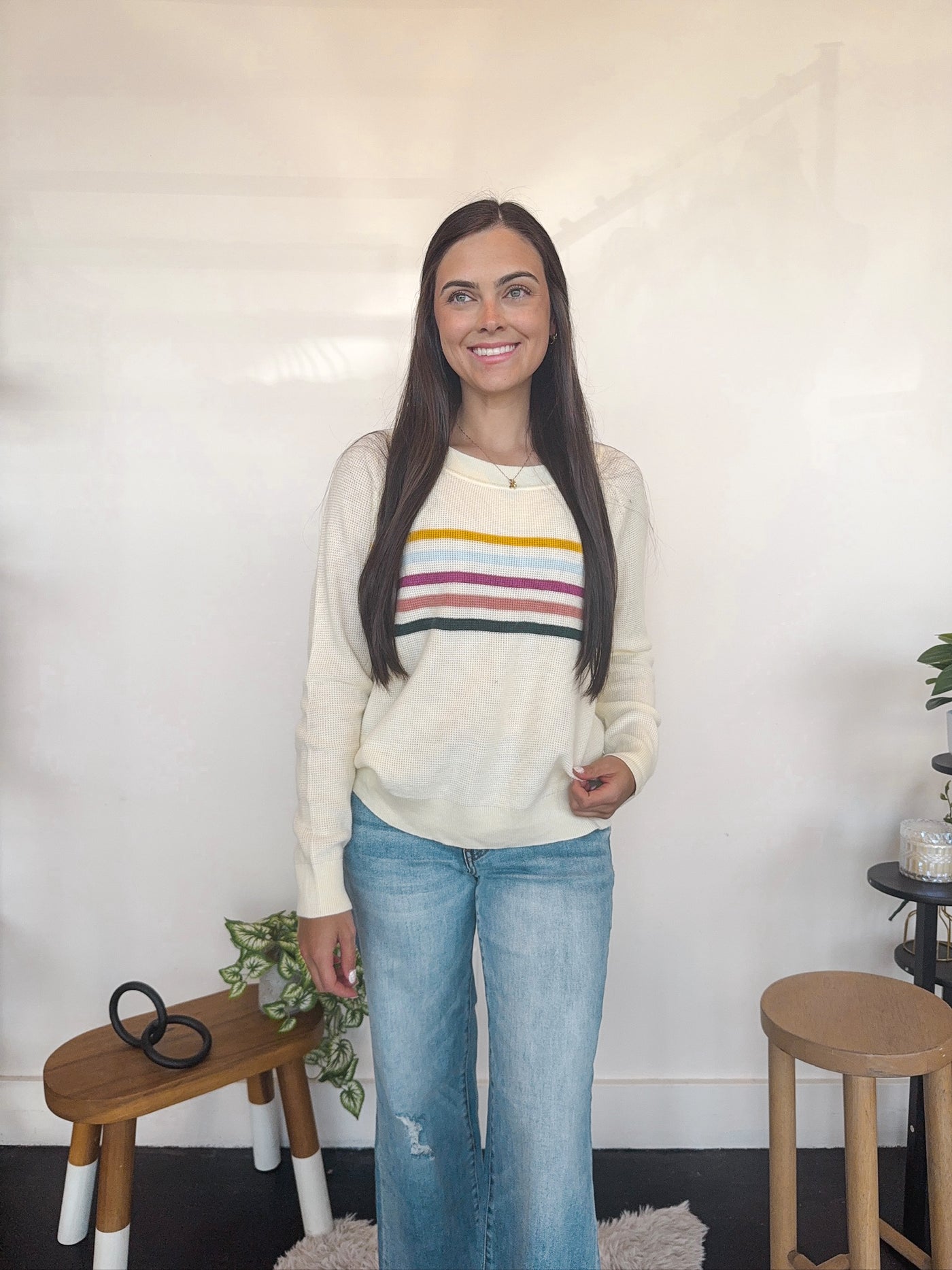 Striped Waffle Knit Long Sleeve- Ivory