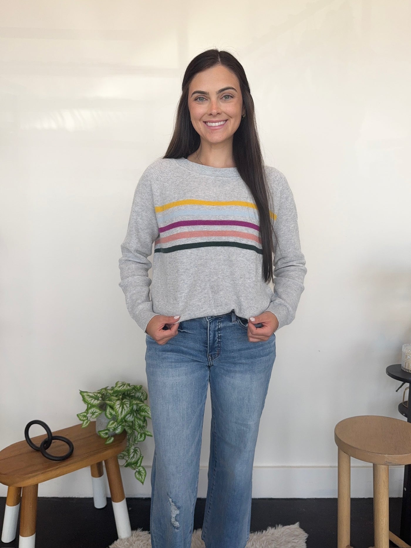 Striped Waffle Knit Long Sleeve- Heather Grey