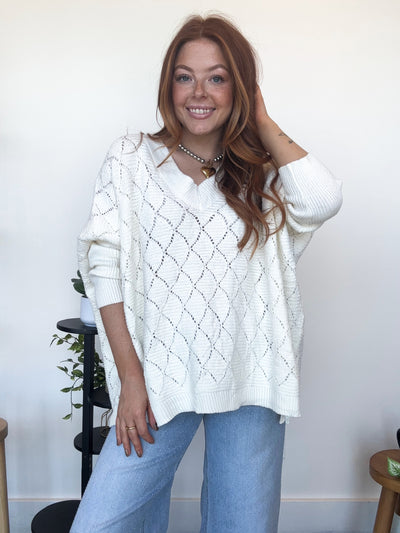 Diamond Stitch Oversized Sweater- Ivory