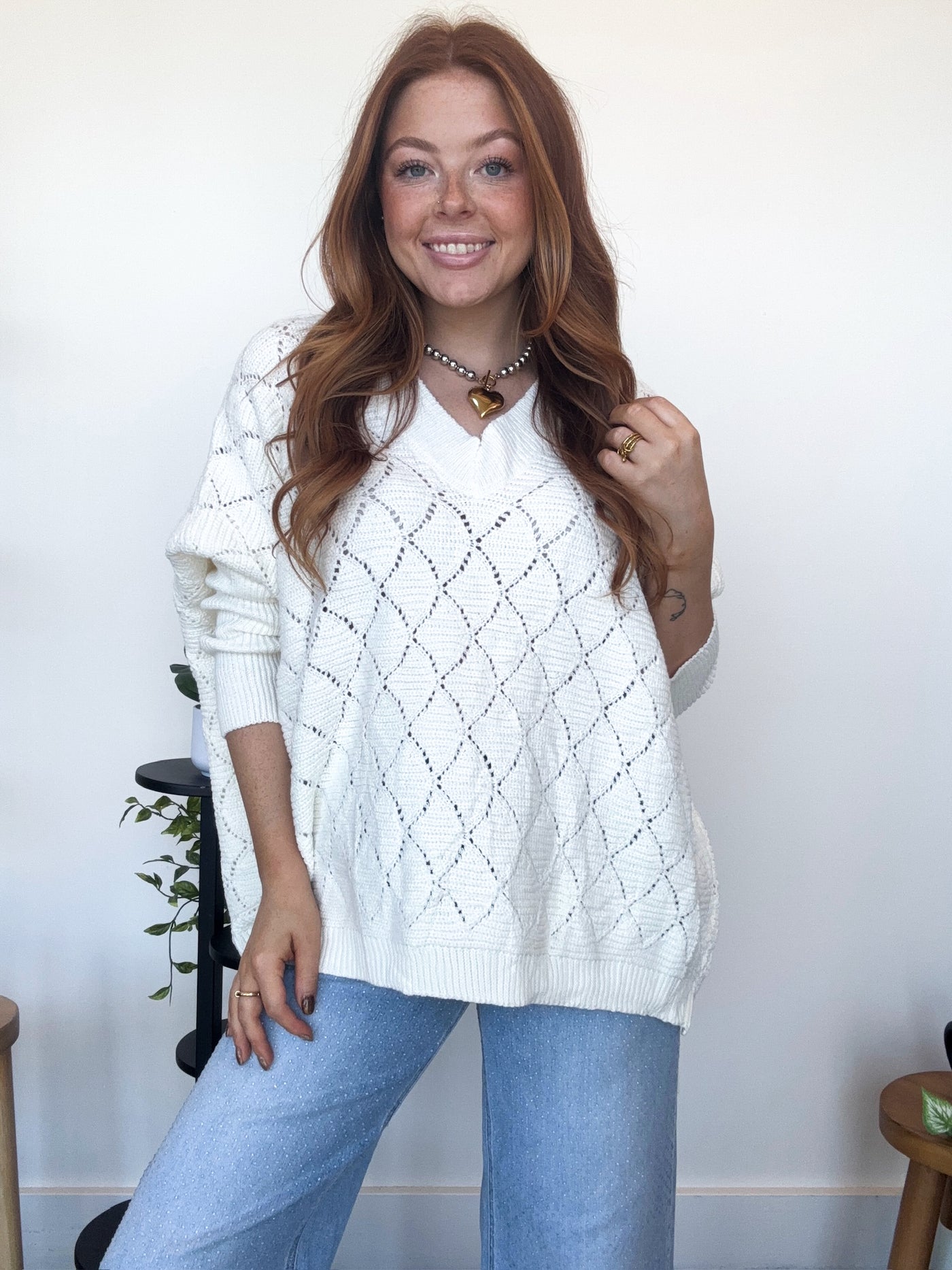 Diamond Stitch Oversized Sweater- Ivory
