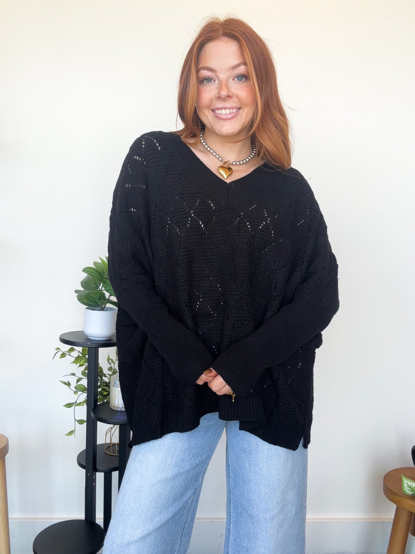 Diamond Stitch Oversized Sweater- Black