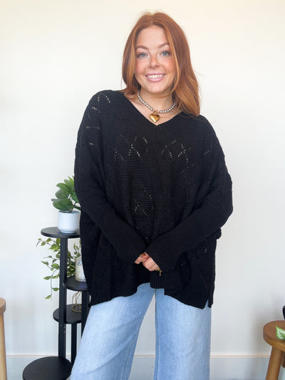 Diamond Stitch Oversized Sweater- Black