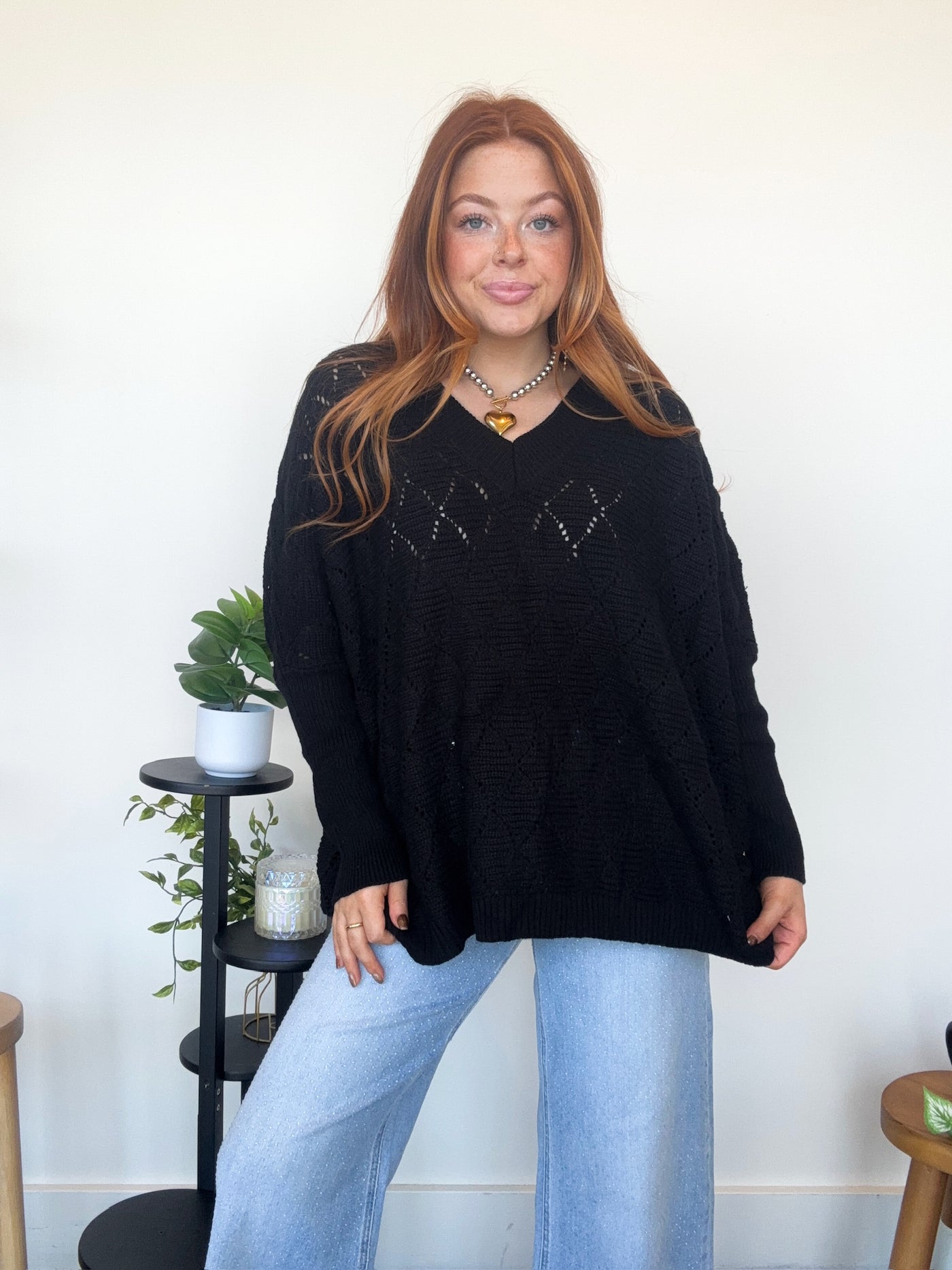 Diamond Stitch Oversized Sweater- Black