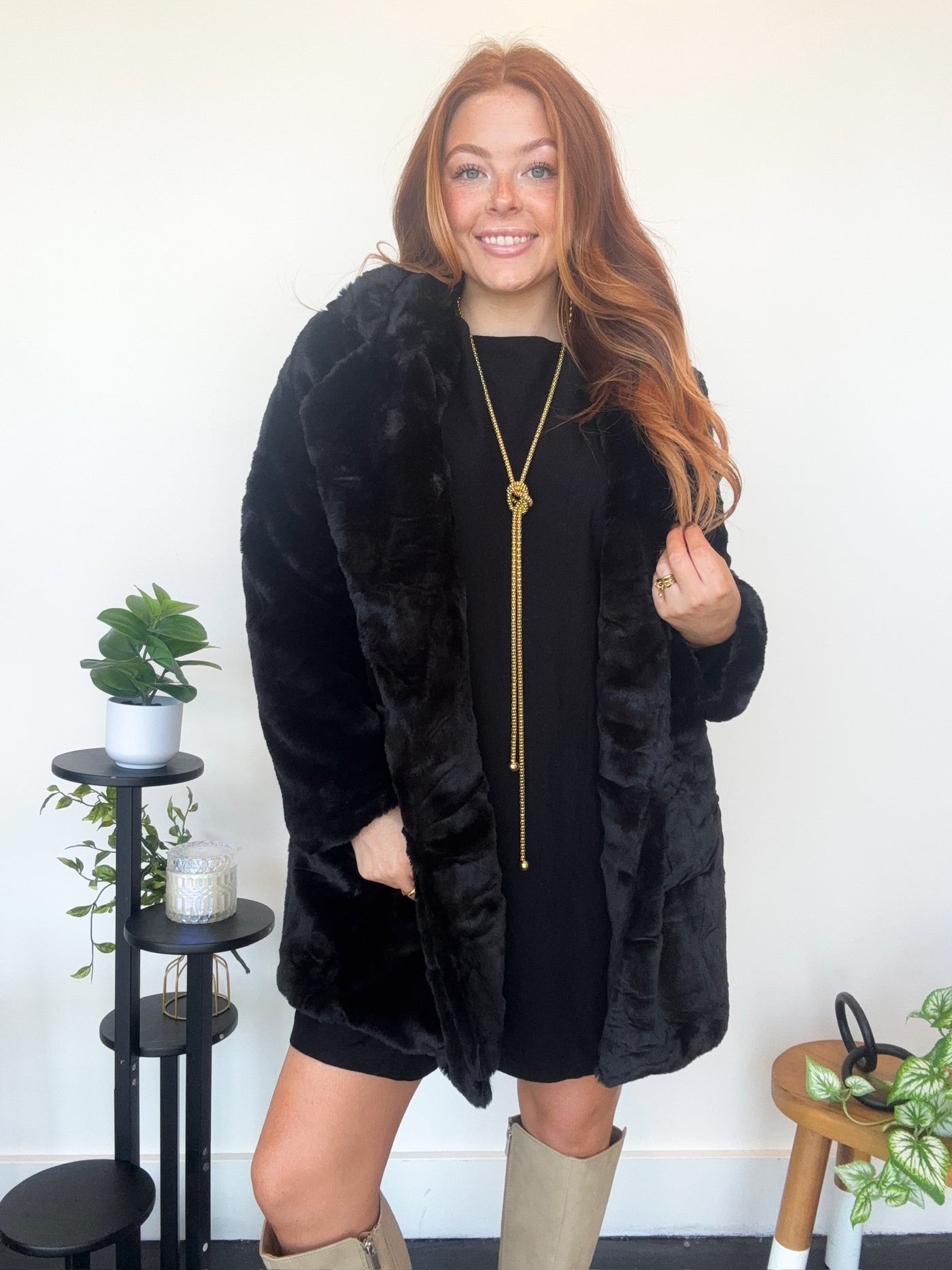 Long Line Fur Coat- Black-140 - TOPS - LAYERS/OUTERWEAR-LOVE TREE-[option4]-[option5]-[option6]-Leather & Lace Boutique Shop