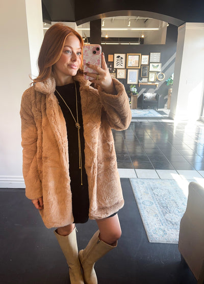 Long Line Fur Coat- Camel-140 - TOPS - LAYERS/OUTERWEAR-LOVE TREE-[option4]-[option5]-[option6]-Leather & Lace Boutique Shop