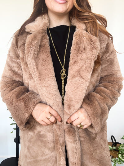 Long Line Fur Coat- Camel-140 - TOPS - LAYERS/OUTERWEAR-LOVE TREE-[option4]-[option5]-[option6]-Leather & Lace Boutique Shop