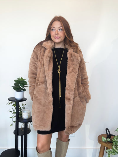 Long Line Fur Coat- Camel-140 - TOPS - LAYERS/OUTERWEAR-LOVE TREE-[option4]-[option5]-[option6]-Leather & Lace Boutique Shop