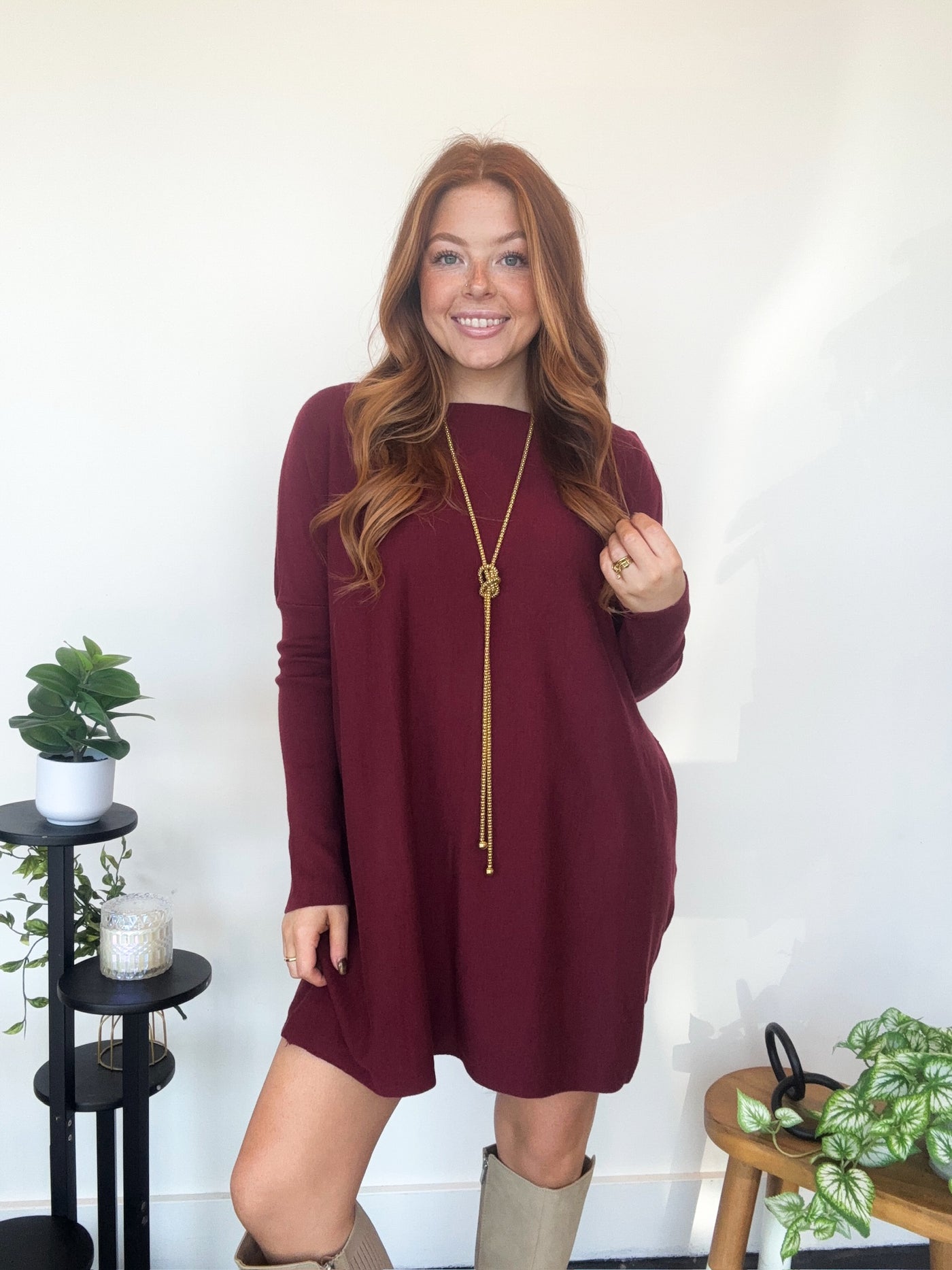 Basic Tunic Dress- Wine-100 - TOPS - SHORT SLEEVE/SLEEVELESS-MIRACLE-[option4]-[option5]-[option6]-Leather & Lace Boutique Shop